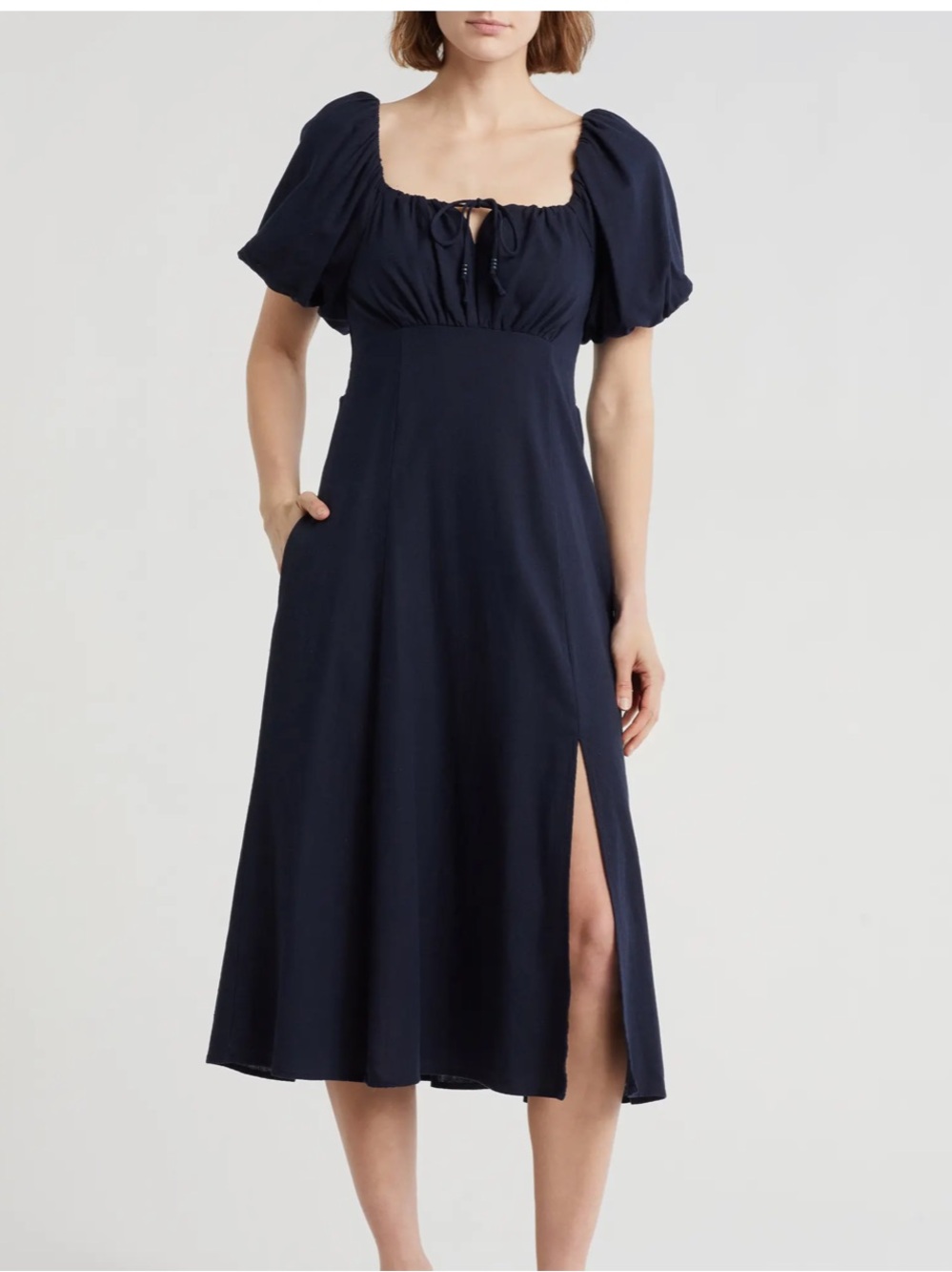 Ellen Tracy NWT Linen Blend Navy Puff-Sleeve Midi Dress with Side Slit Size Smal